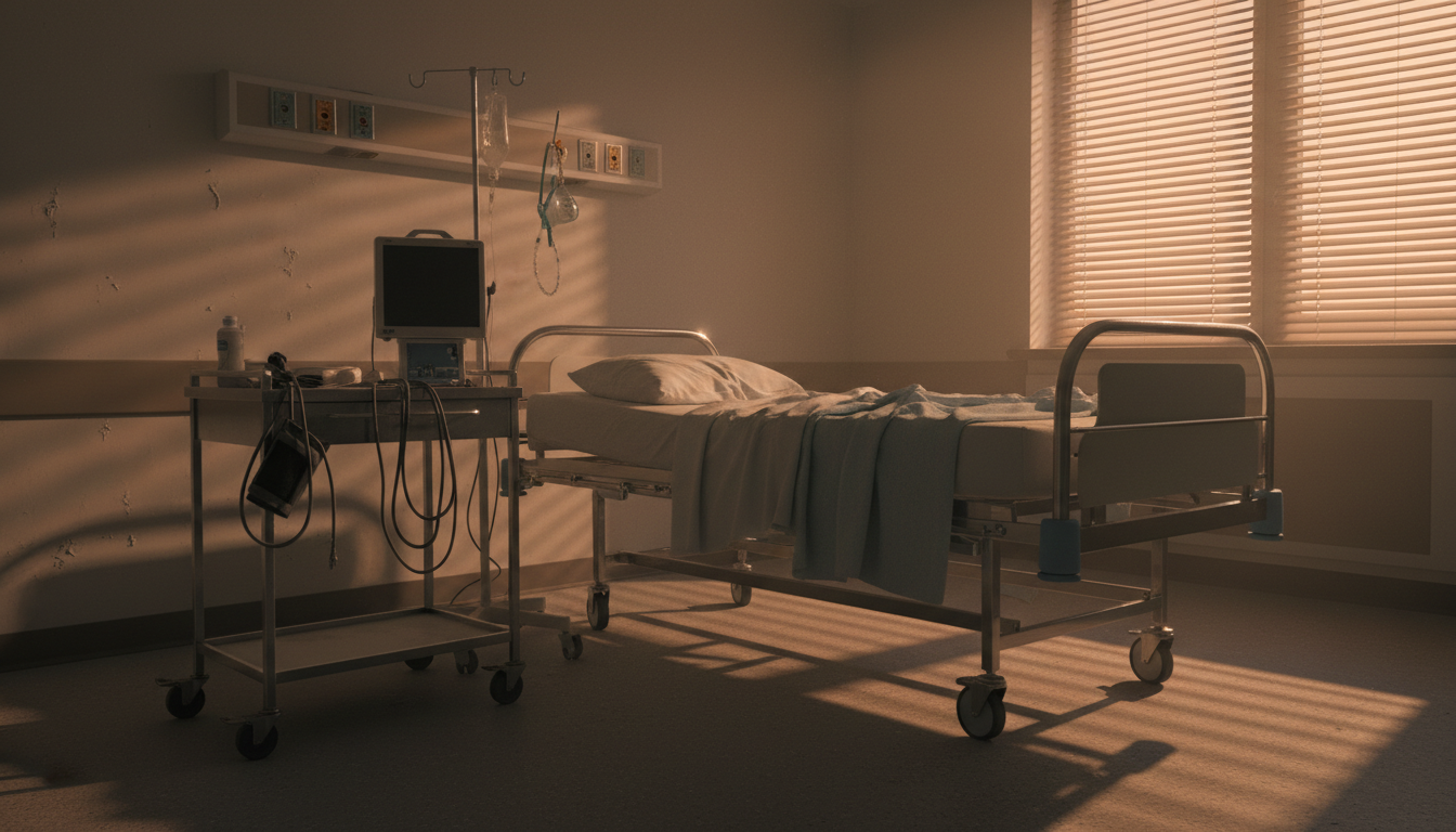 Lit d'hôpital vide avec matériel médical inutilisé