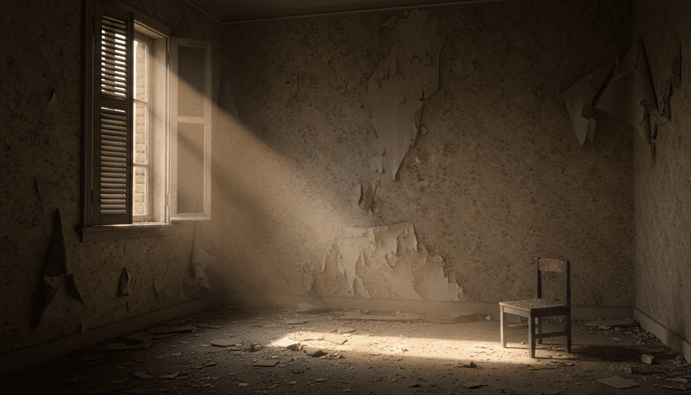 Pièce sombre et insalubre symbolisant les conditions de vie de l'enfant