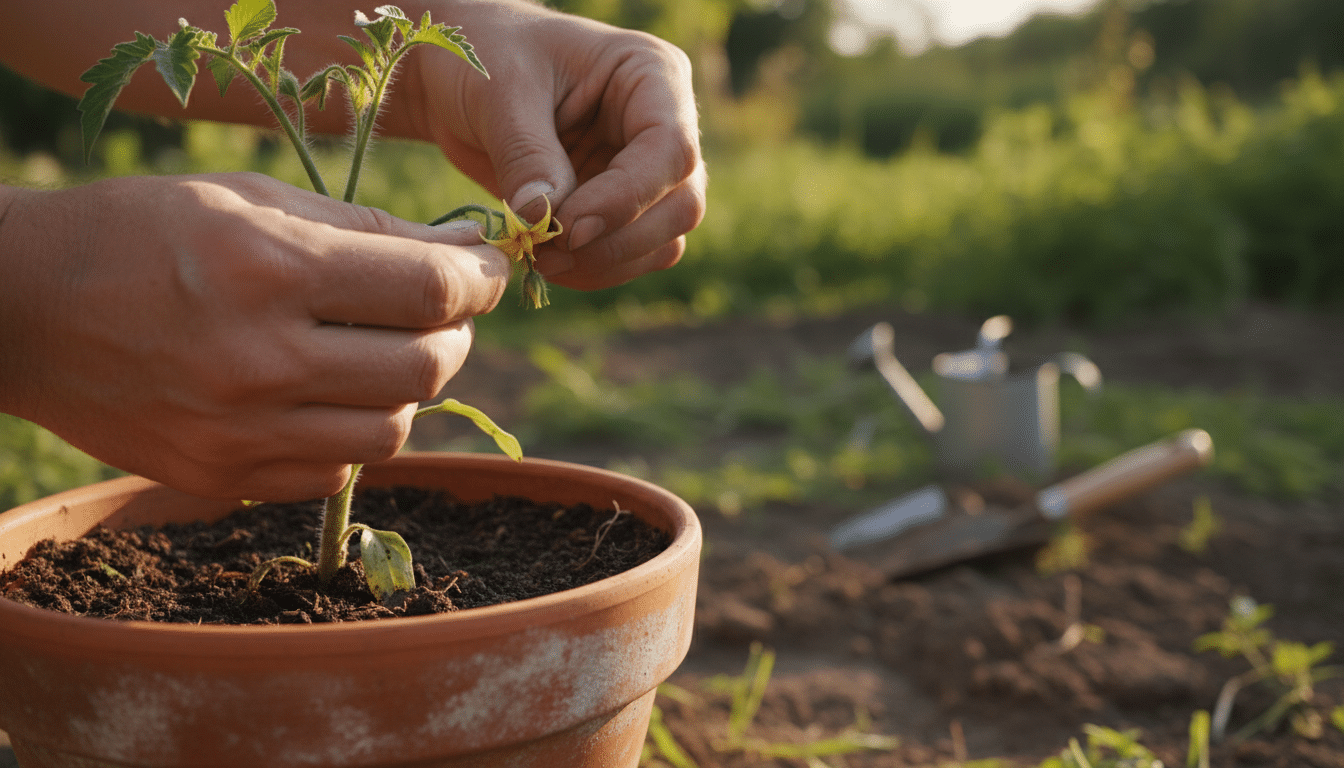 Jardinier coupant une fleur jaune sur un plant de tomate