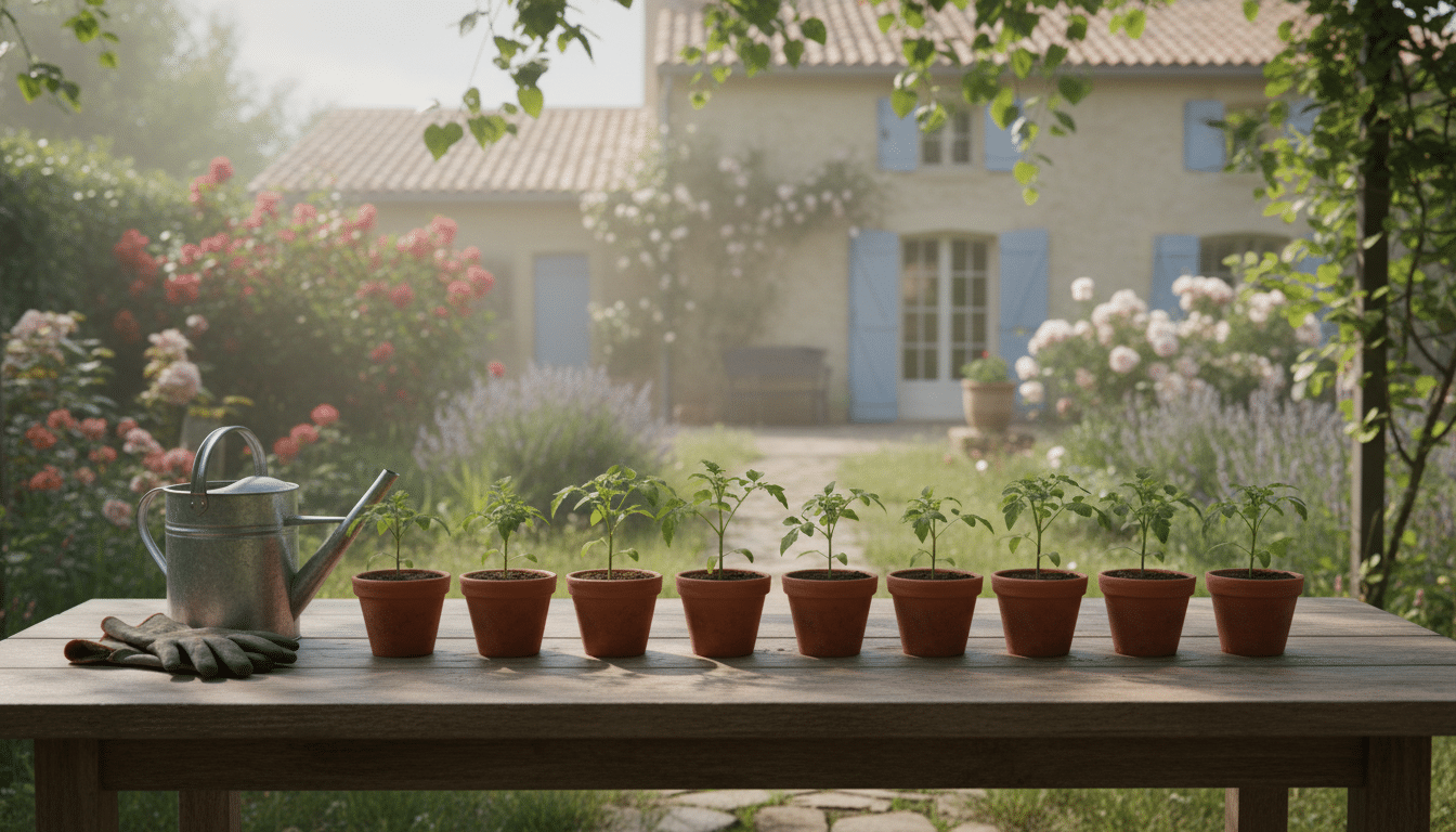 Plants de tomates en cours d'endurcissement au soleil