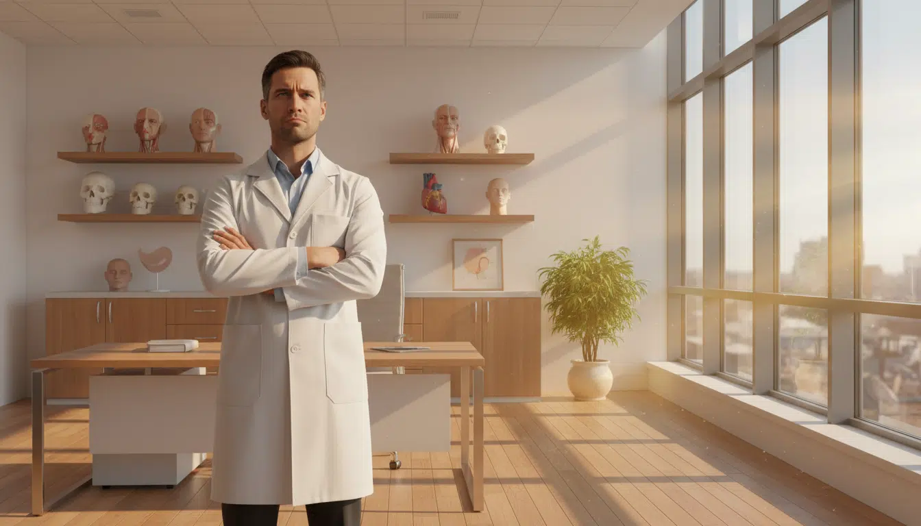 Chirurgien plasticien sceptique dans son cabinet