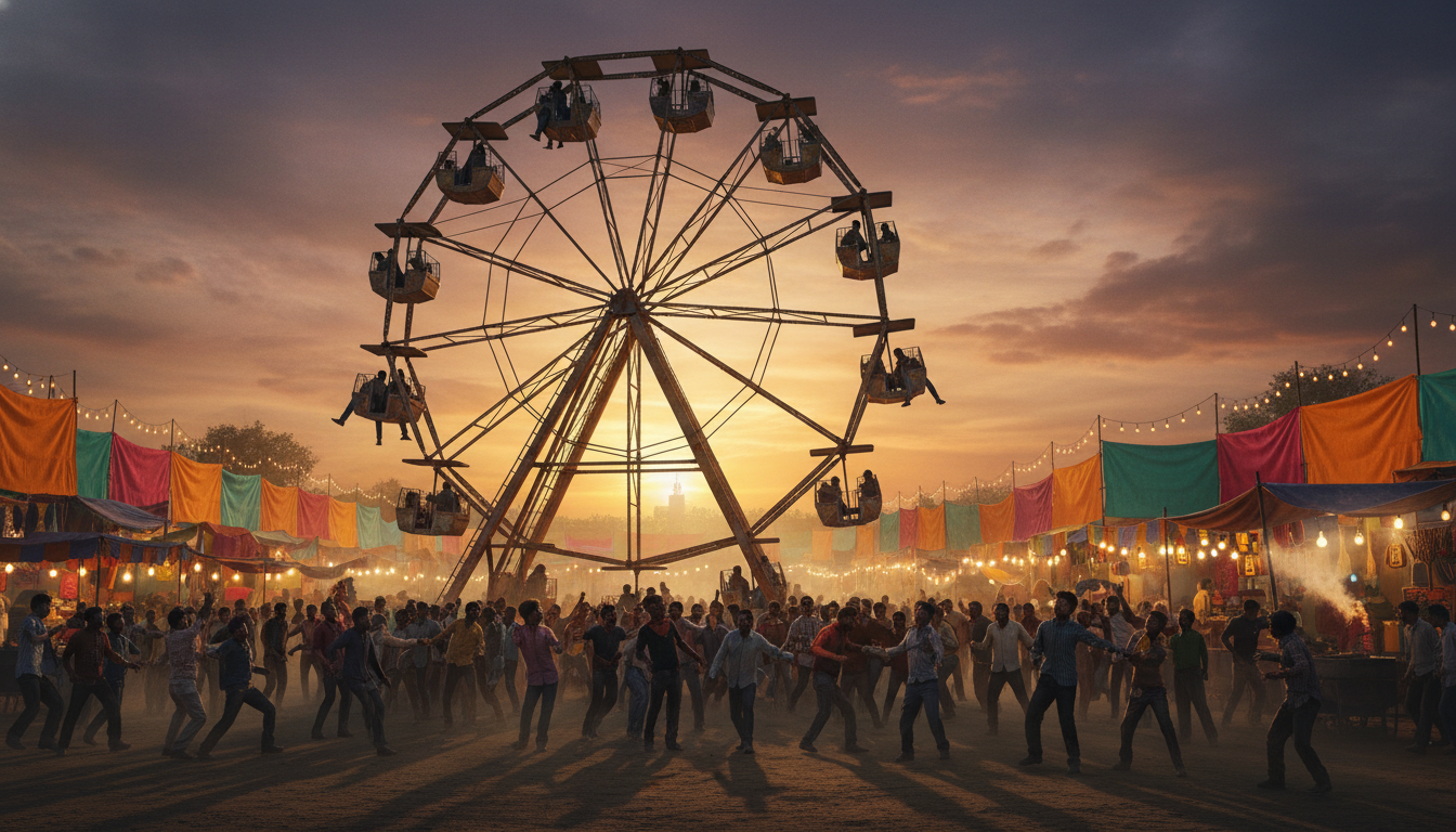 Grande roue penchant dangereusement dans une fête foraine indienne