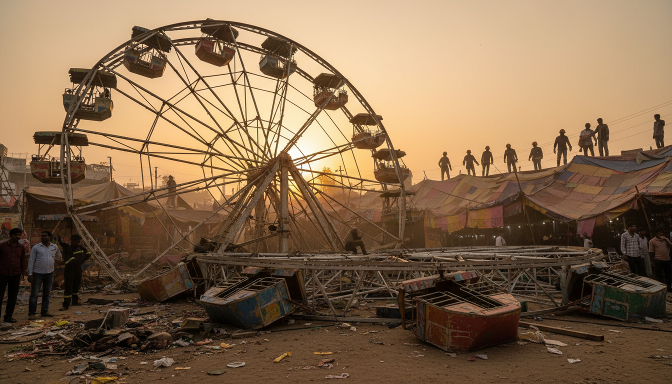 Débris d'une grande roue effondrée avec secouristes sur place