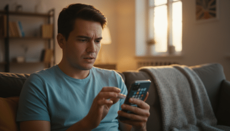Personne anxieuse consultant son téléphone sur un canapé