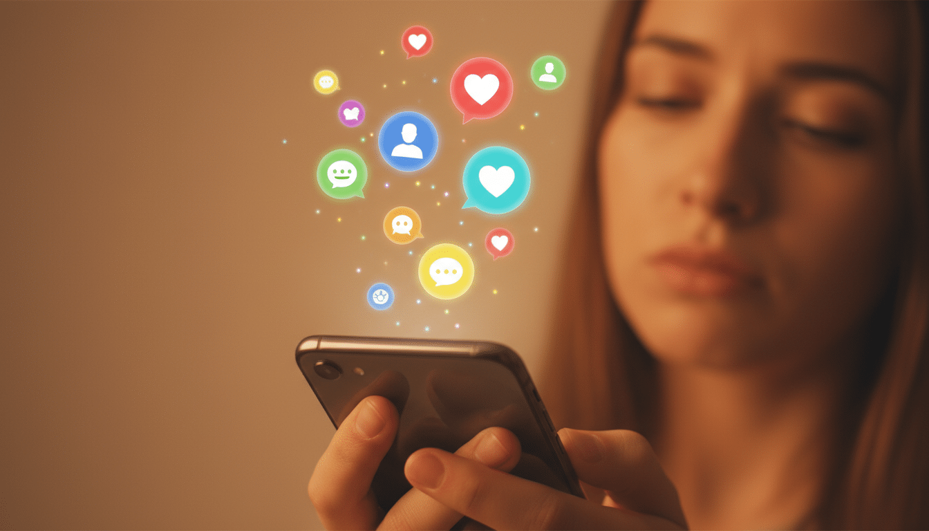 Main tenant un smartphone avec des notifications de réseaux sociaux