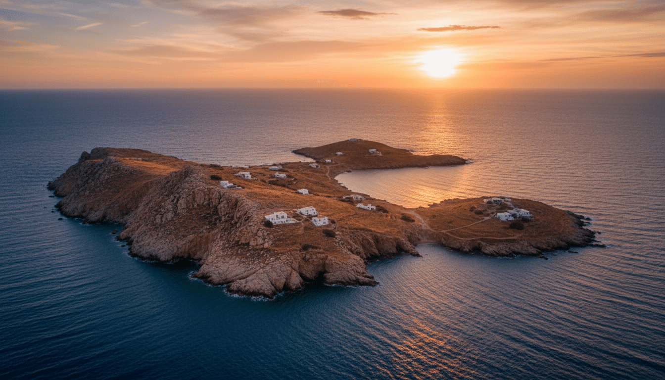 Vue aérienne de l'île grecque d'Anticitera au coucher du soleil