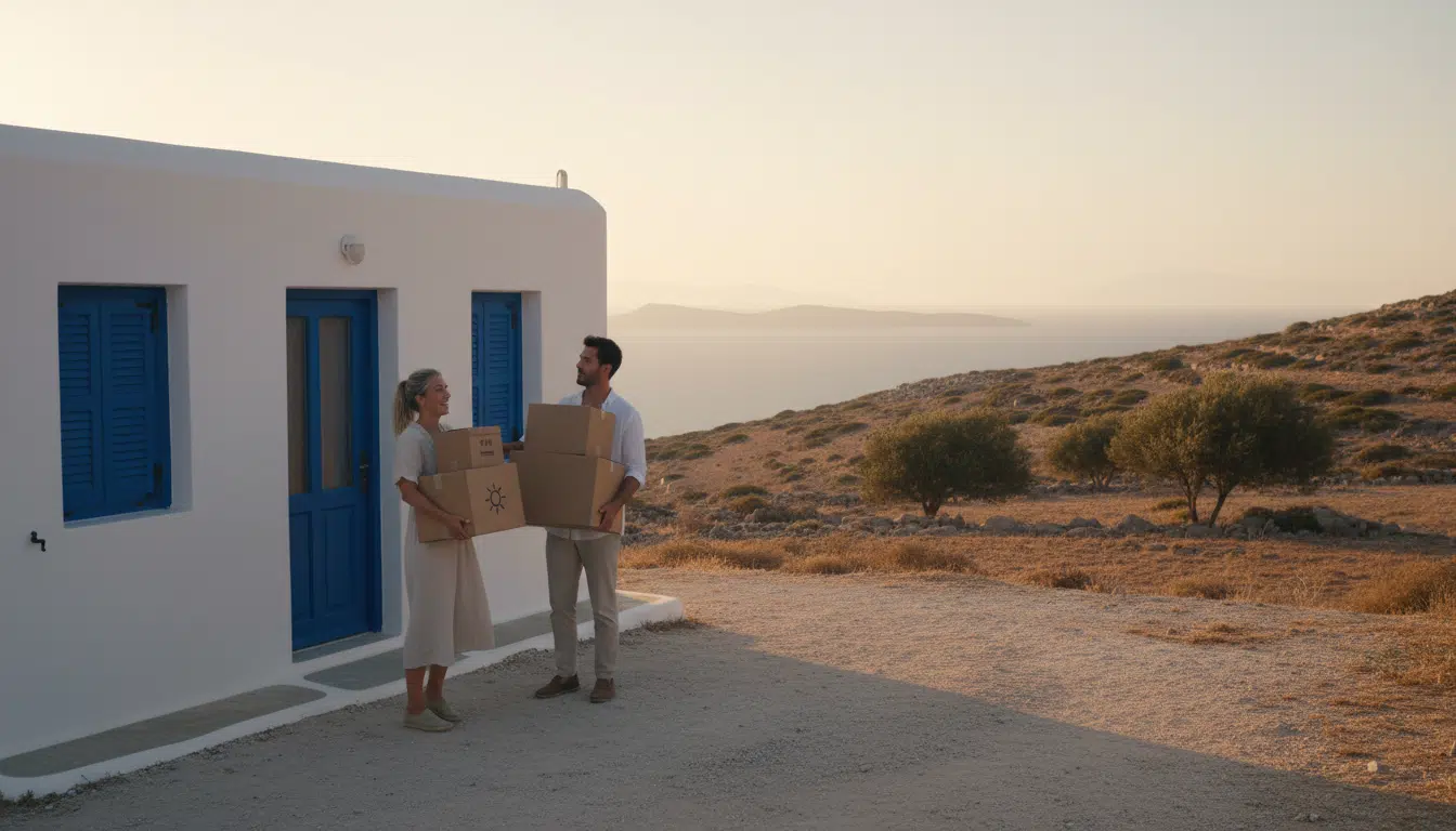 Couple s'installant dans une maison blanche sur une île grecque isolée