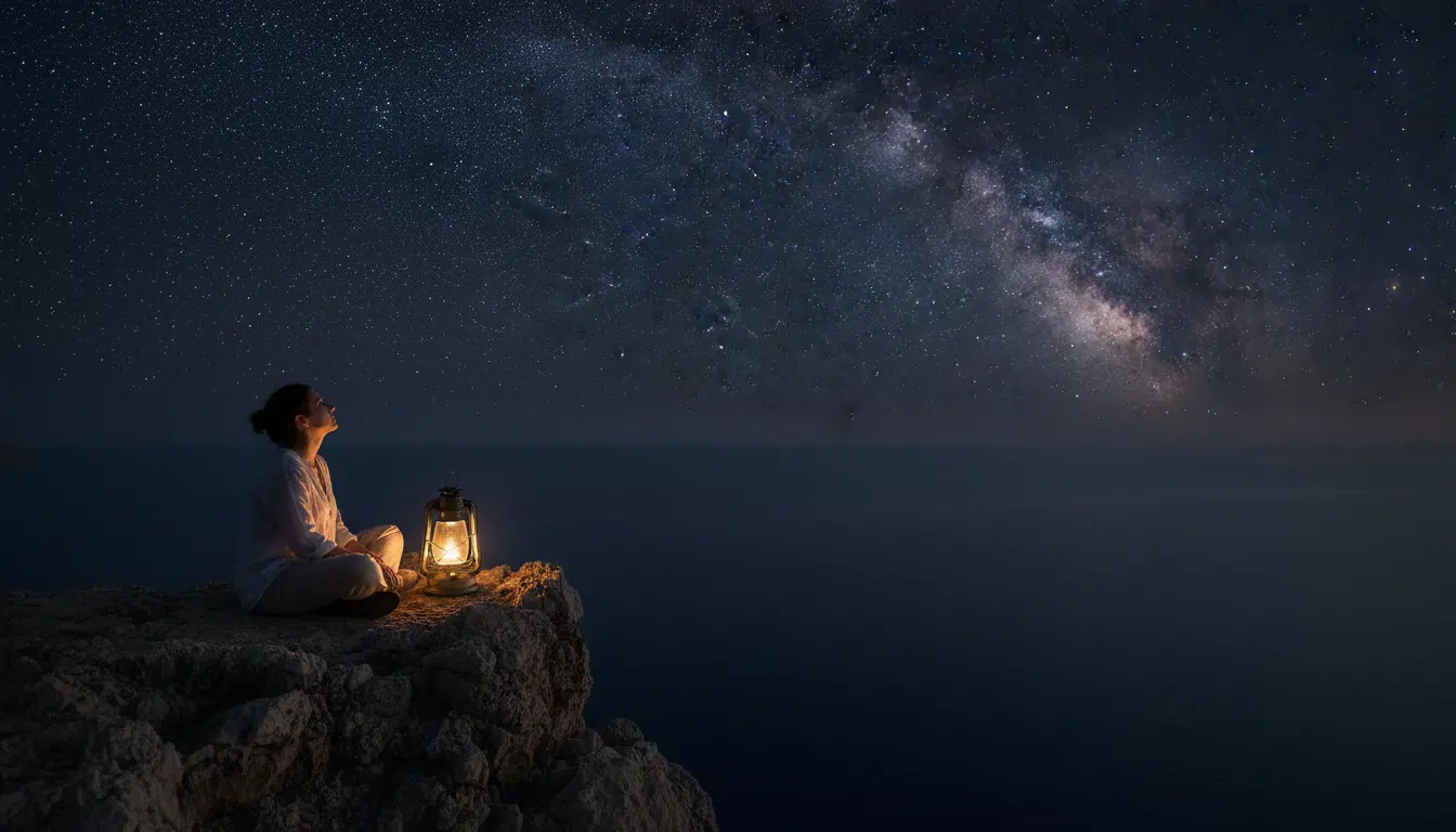 Personne admirant le ciel étoilé sur l'île d'Anticitera la nuit