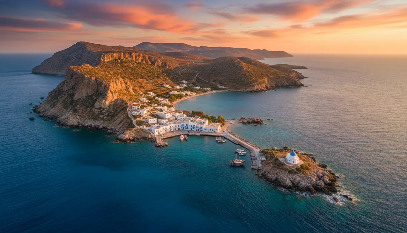 Vue aérienne de l'île grecque d'Anticythère au coucher du soleil