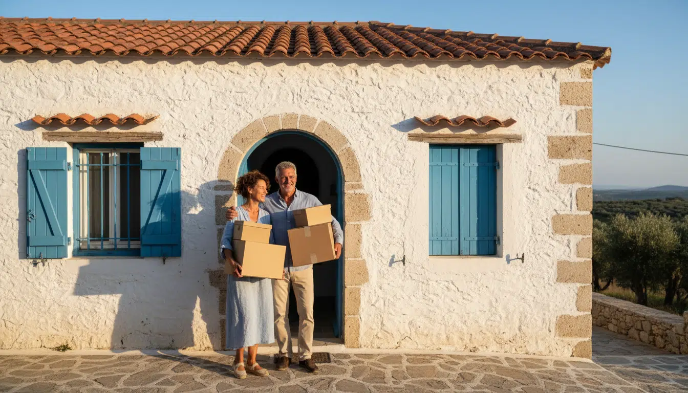 Couple s'installant dans une maison blanche sur une île grecque