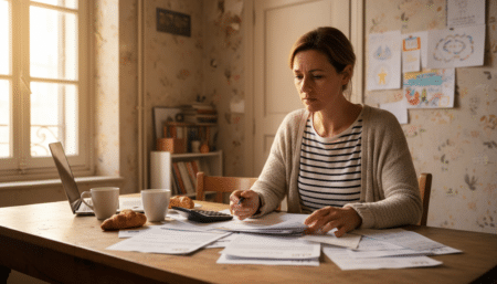 Mère inquiète consultant ses documents d'allocations familiales CAF
