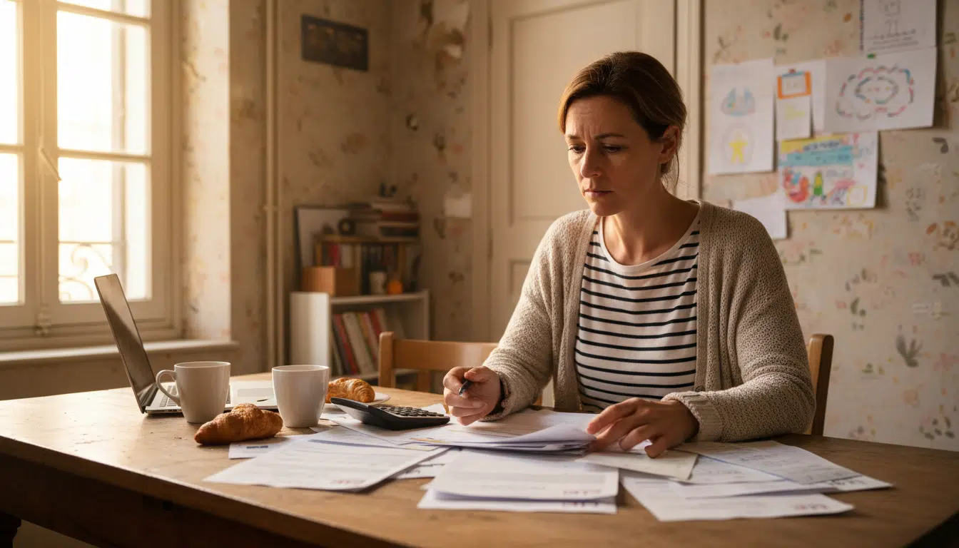 Mère inquiète consultant ses documents d'allocations familiales CAF