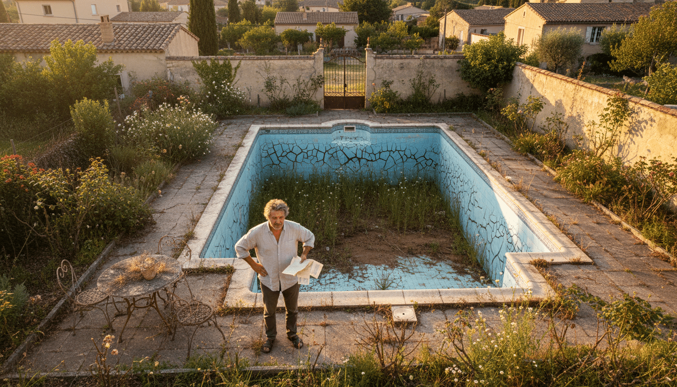 Grand bassin abandonné dans un jardin français