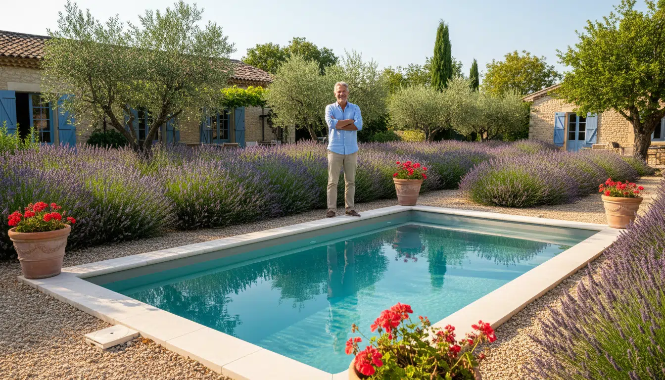 Paysagiste devant une mini-piscine dans un jardin provençal