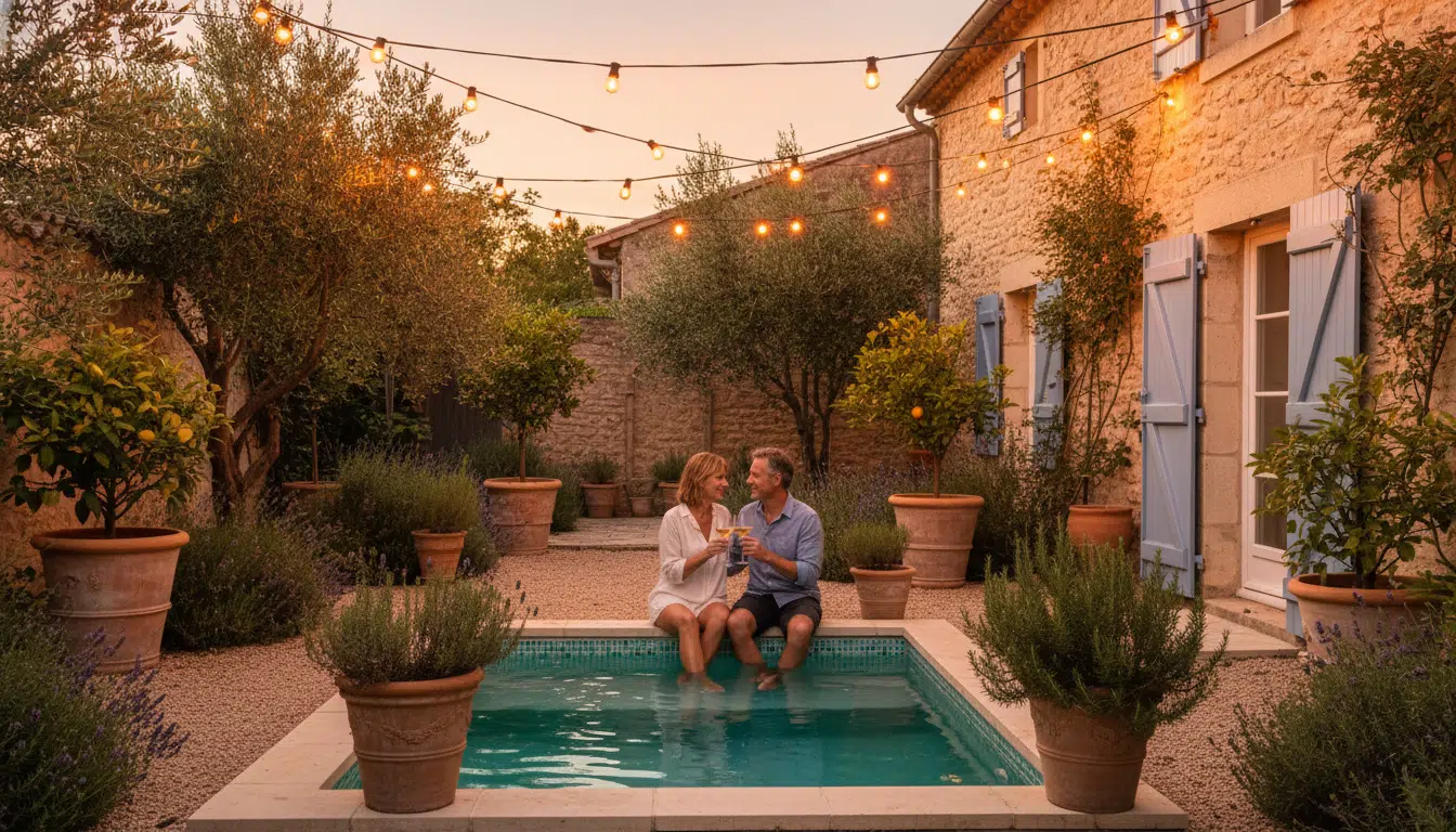 Couple se relaxant dans une petite piscine au coucher du soleil