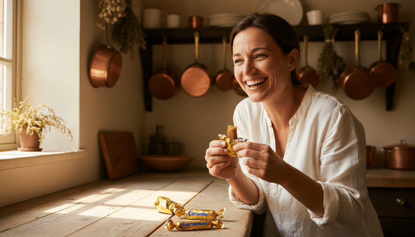 Femme déballant des Carambars dans une cuisine lumineuse