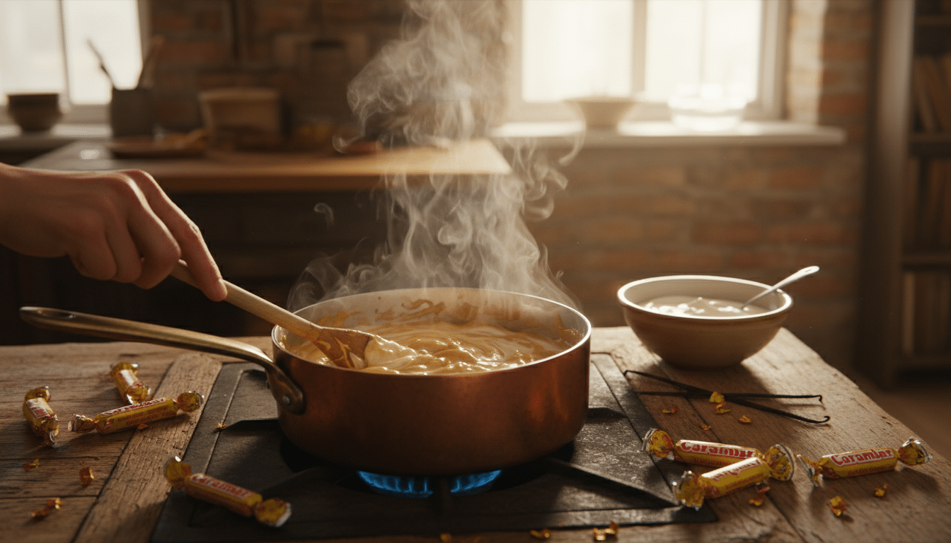 Carambars fondant dans une casserole de crème