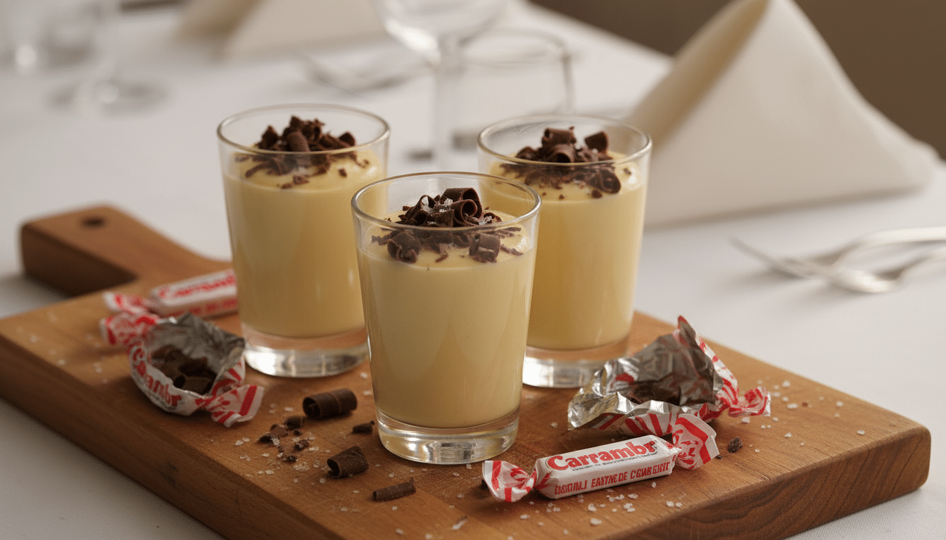 Verrines de panna cotta au Carambar servies sur planche en bois