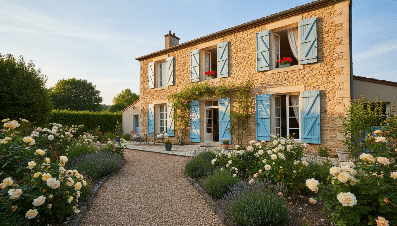 Maison française avec volets ouverts en été