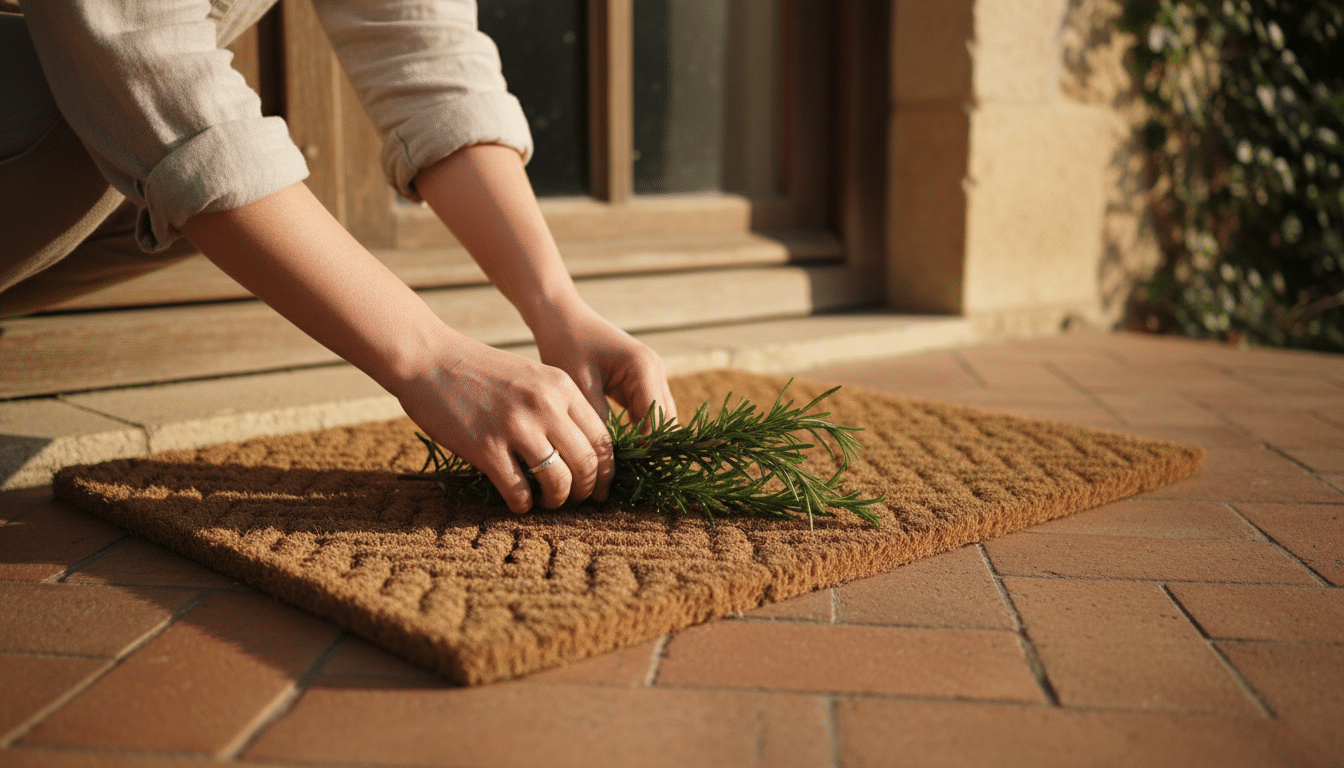Brins de romarin placés sous un paillasson