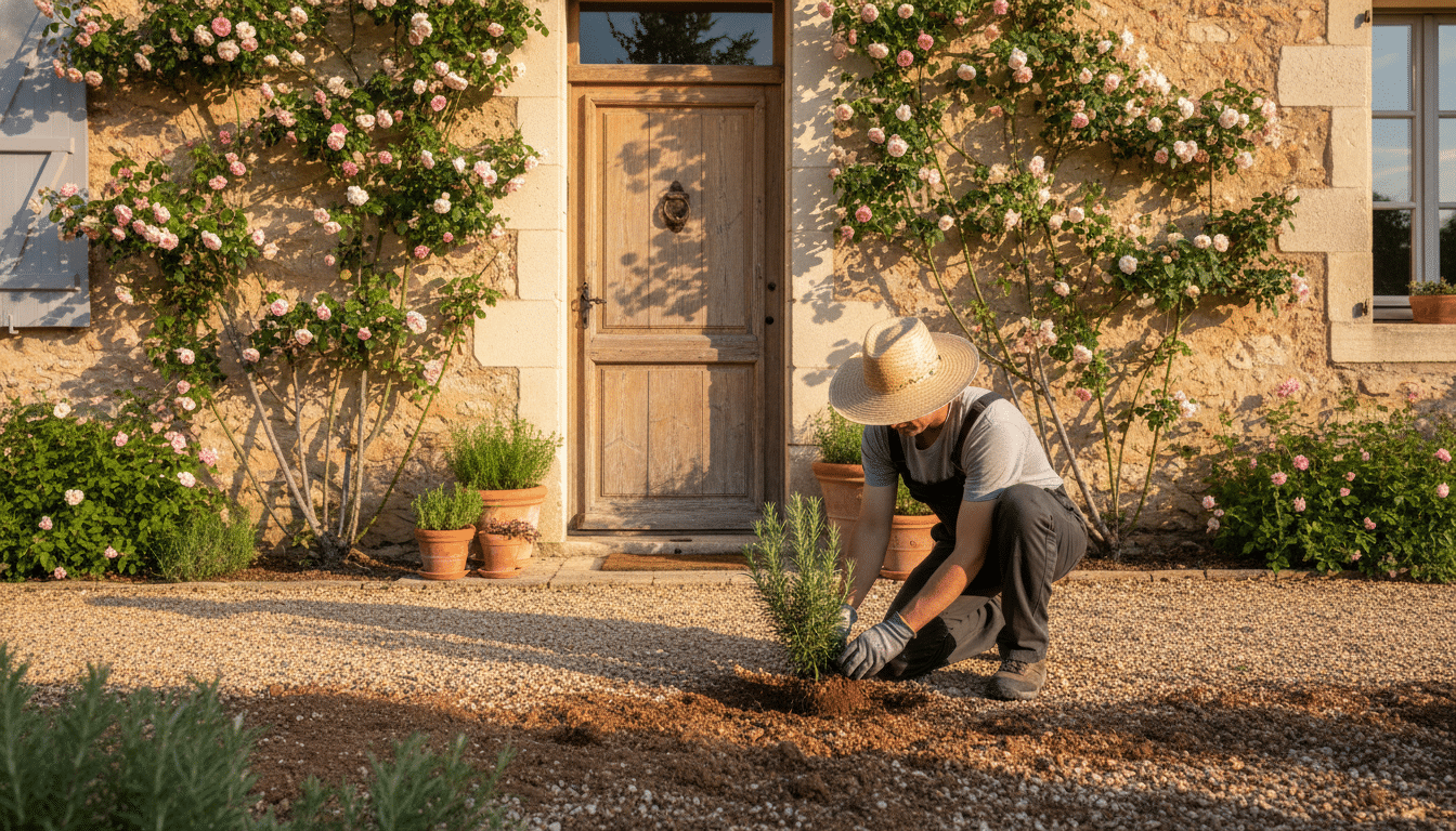 Plantation de romarin près d'une porte d'entrée
