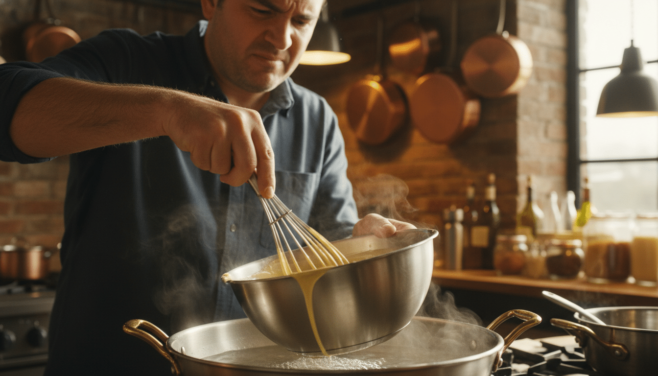 Personne préparant une sauce hollandaise au bain-marie