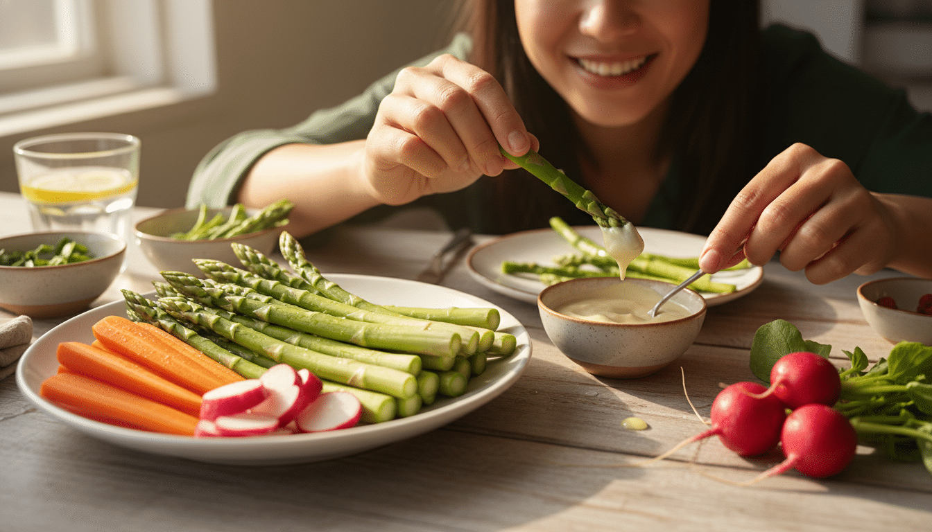 Asperge trempée dans une sauce légère sur table printanière