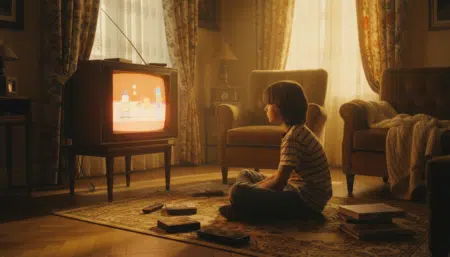 Enfant regardant la télévision dans un salon des années 90