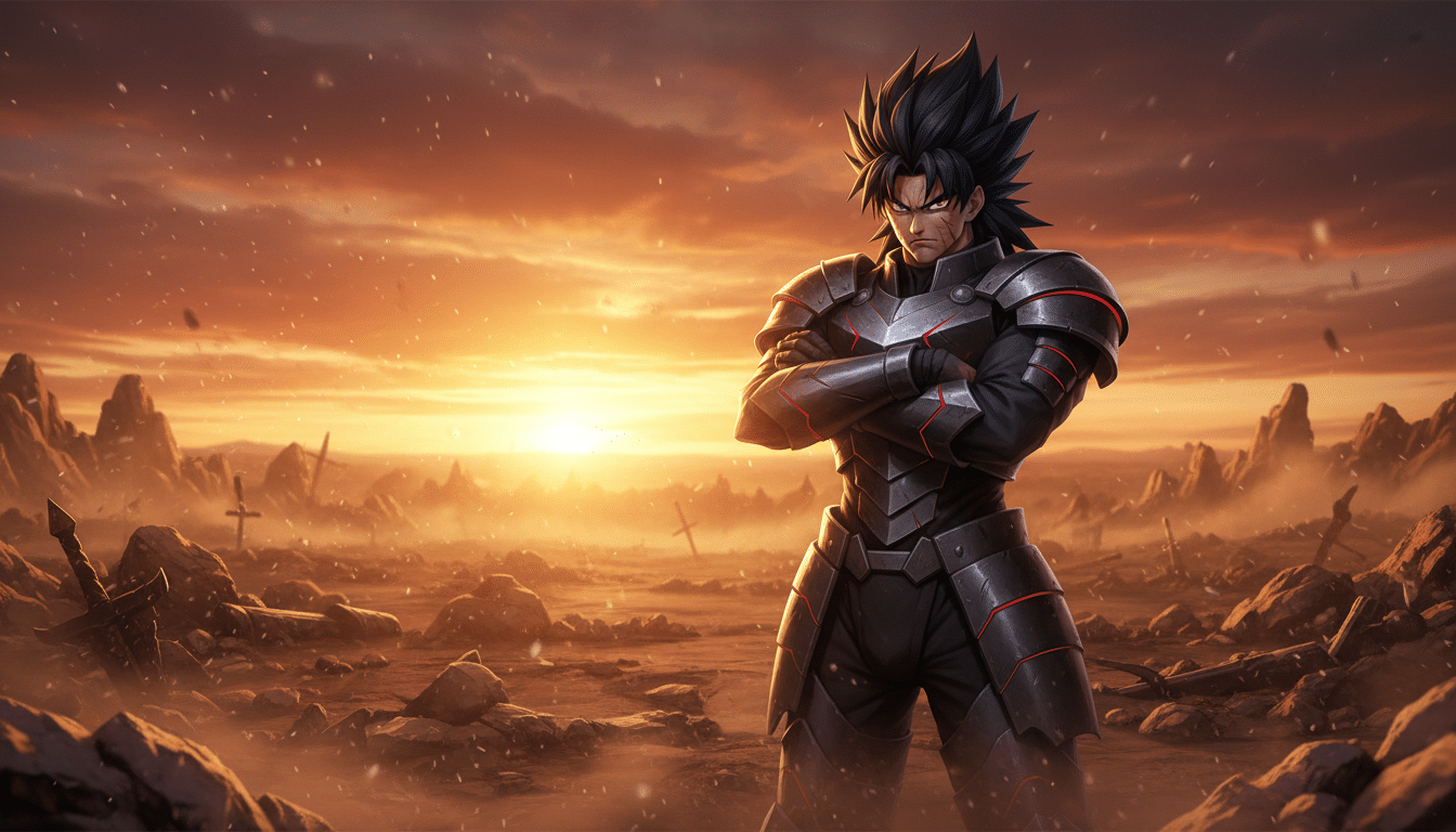 Guerrier fier sur un champ de bataille au coucher du soleil