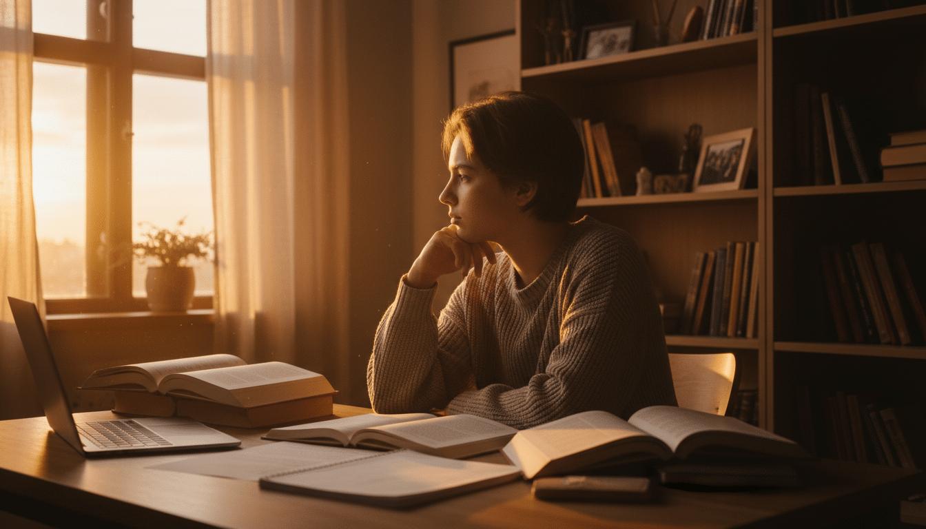 Adolescent réfléchissant devant ses livres d'école