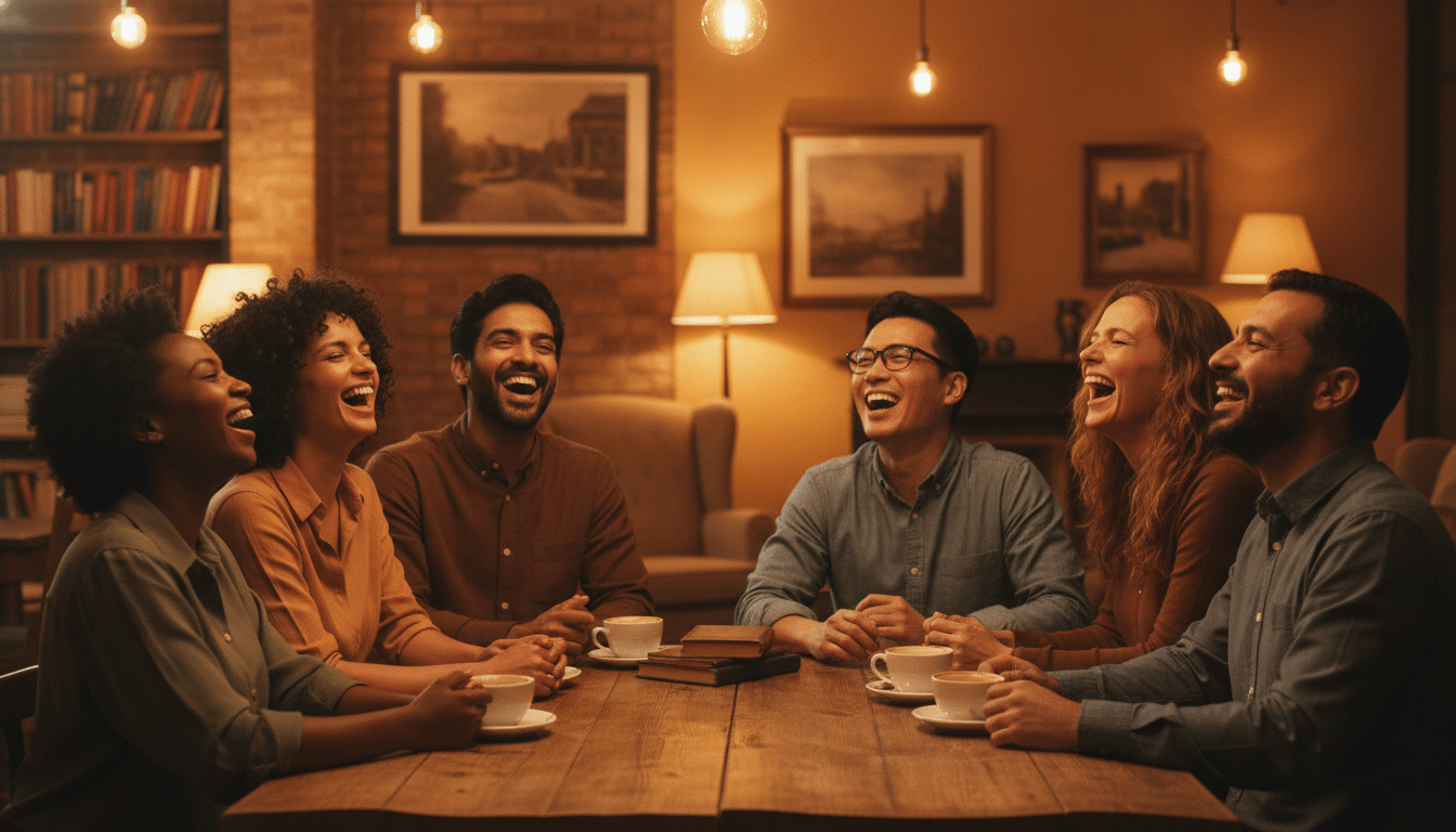 Groupe d'adultes discutant chaleureusement dans un café