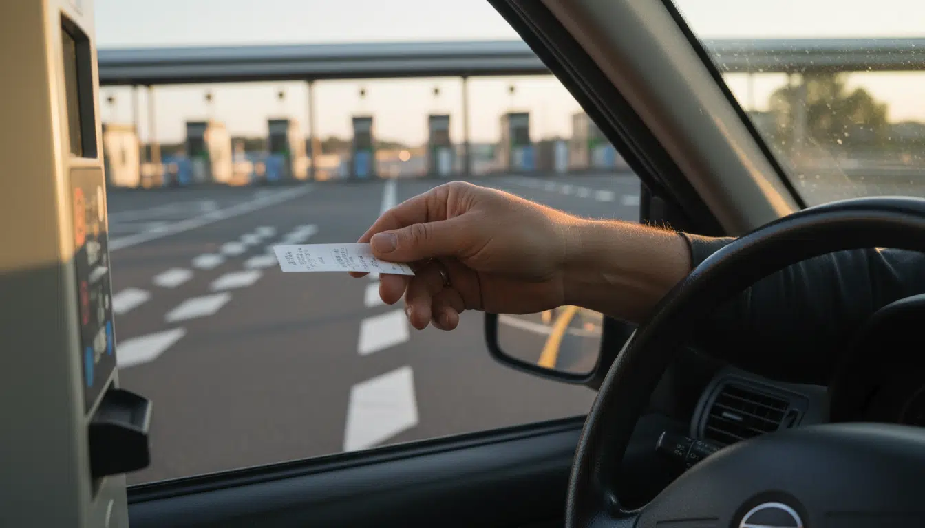 Automobiliste insérant un ticket au péage d'autoroute