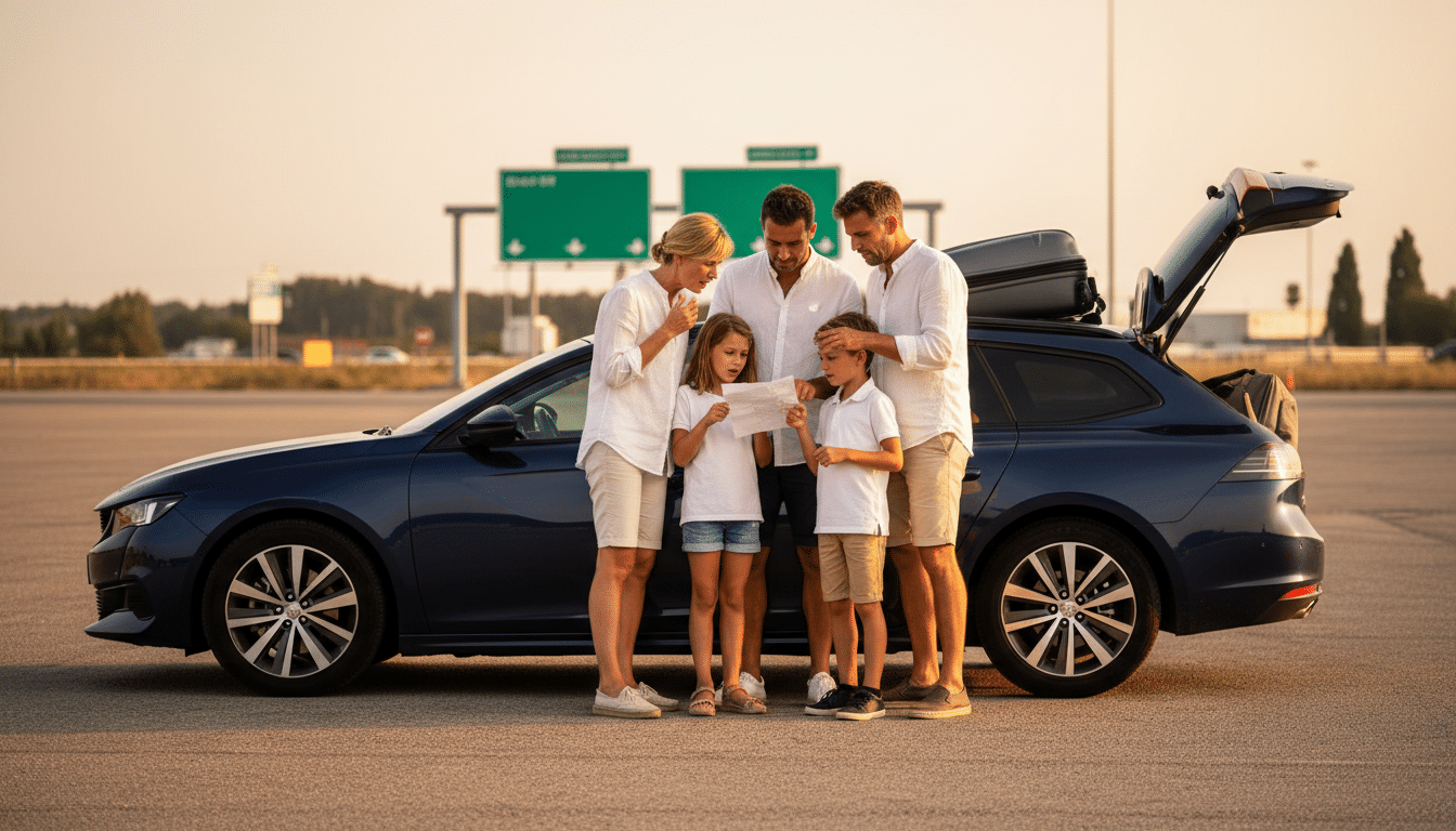 Famille vérifiant un ticket de péage sur une aire d'autoroute