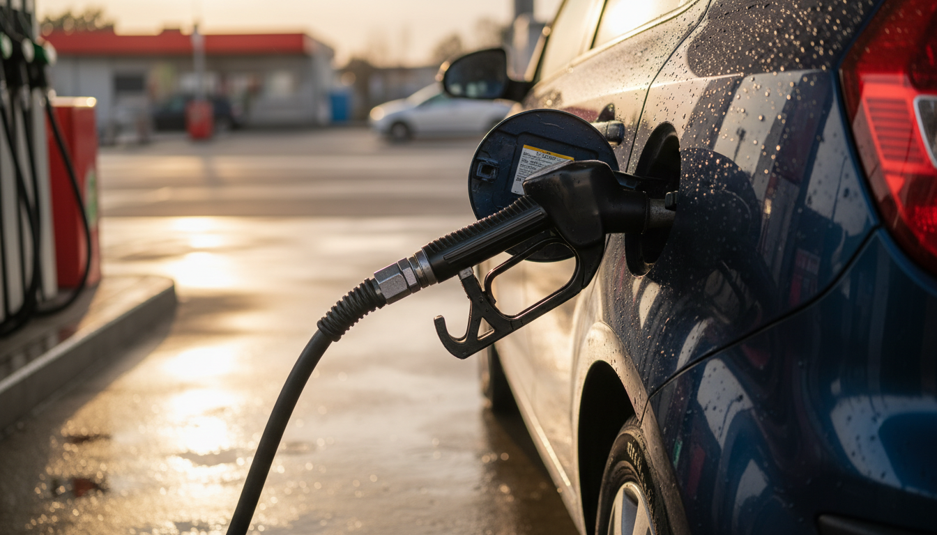 Pompe à essence dans une station Carrefour sous la pluie