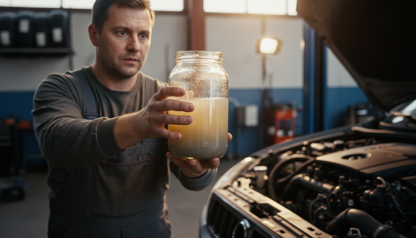 Échantillon de carburant contaminé par de l'eau en garage