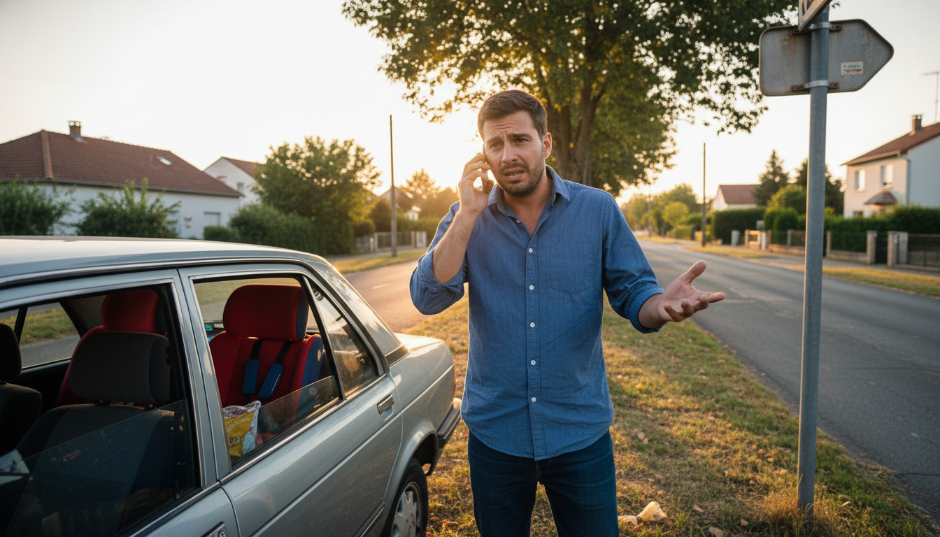 Automobiliste en panne au bord de la route après un plein