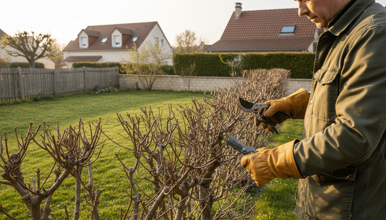 Jardinier examinant une haie dégarnie au printemps