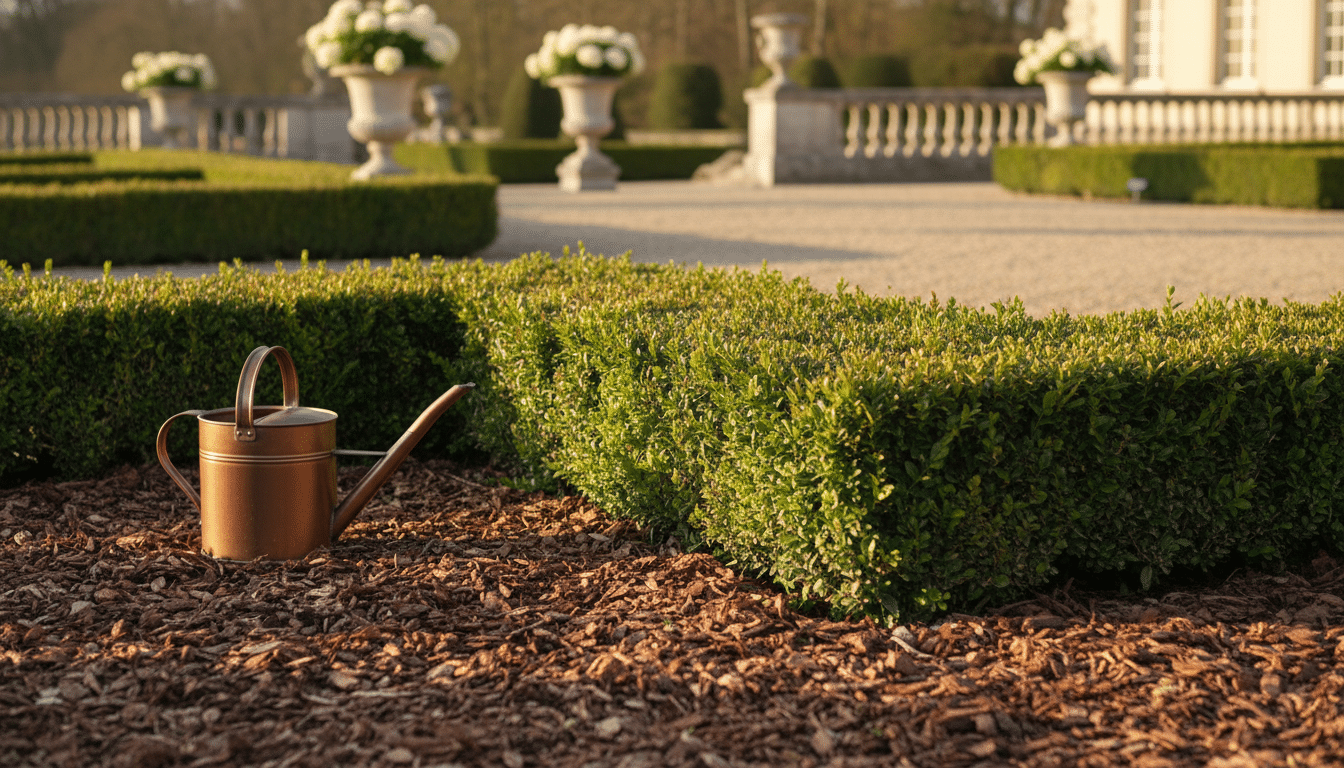 Paillage épais au pied d'une haie fraîchement taillée