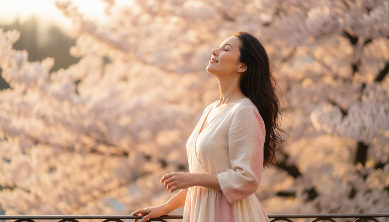 Femme profitant du soleil printanier sur un balcon