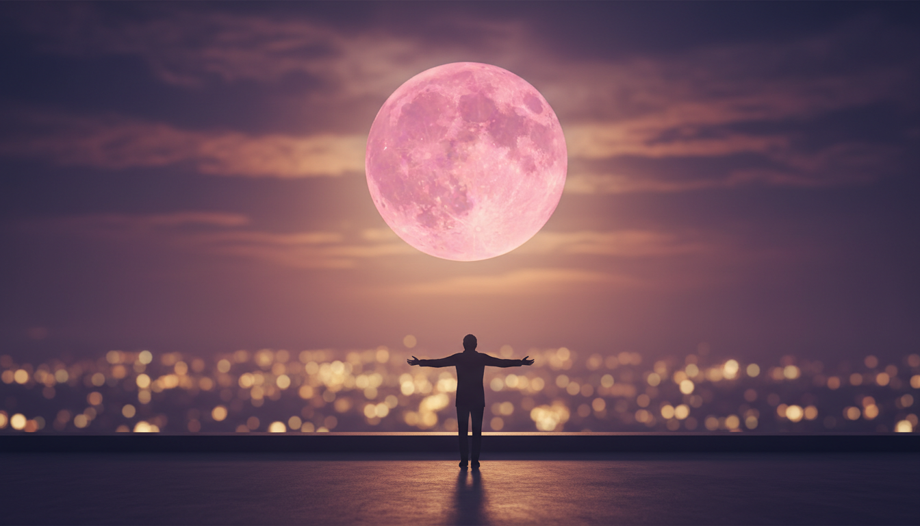 Pleine Lune rose observée depuis un toit la nuit