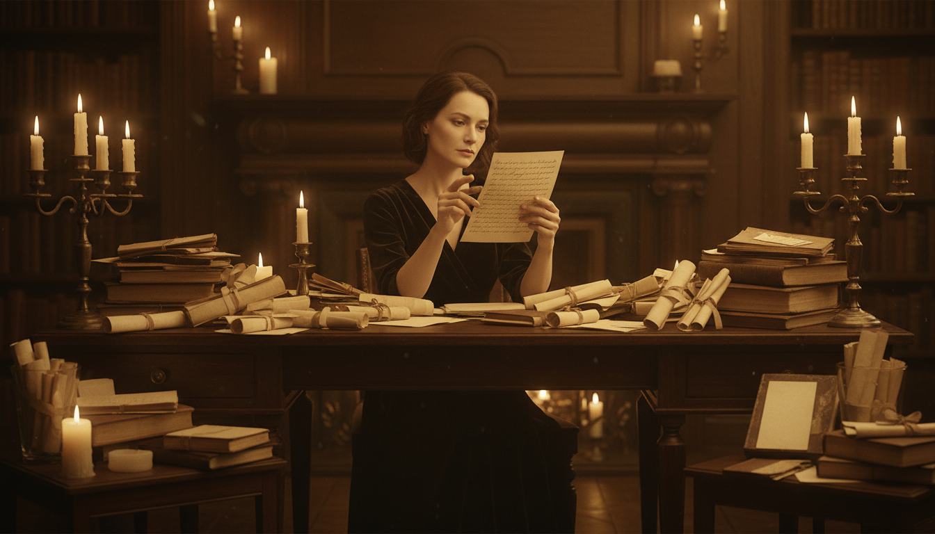 Femme relisant d'anciennes lettres à la lueur de bougies