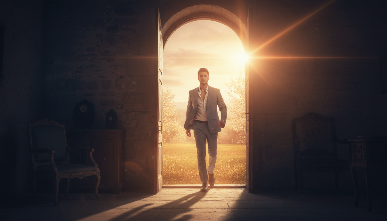 Homme franchissant une porte vers la lumière dorée du printemps