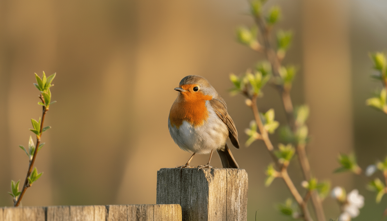 Rouge-gorge perché sur un piquet de clôture au printemps