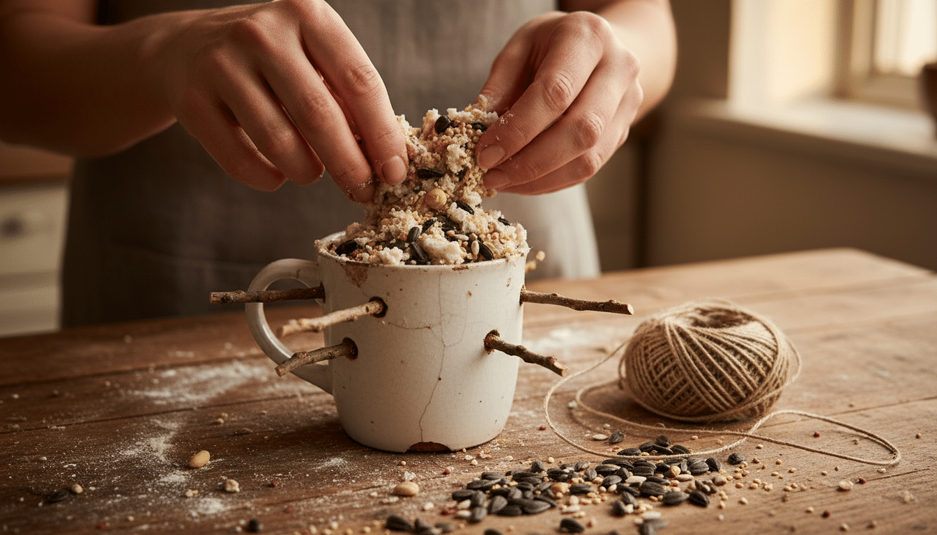 Préparation d'une mangeoire maison dans un vieux mug avec graines et suif