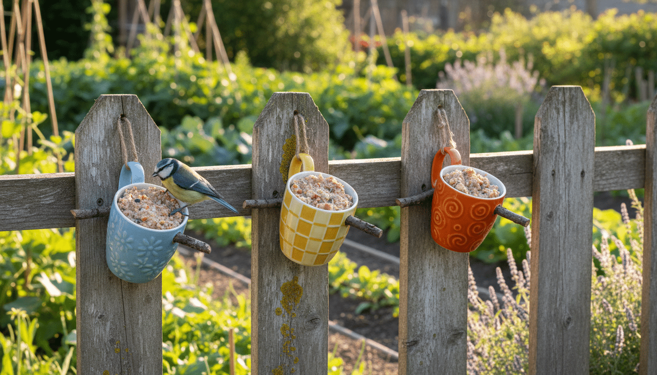 Tasses recyclées suspendues sur une clôture de jardin avec mésange