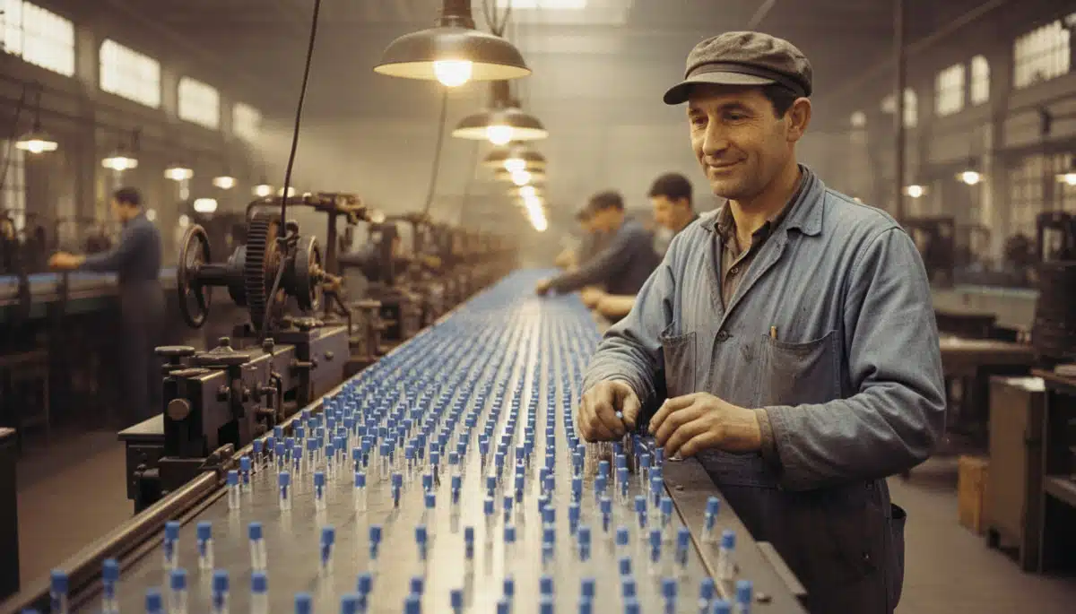 Chaîne de fabrication des stylos Bic Cristal en 1950