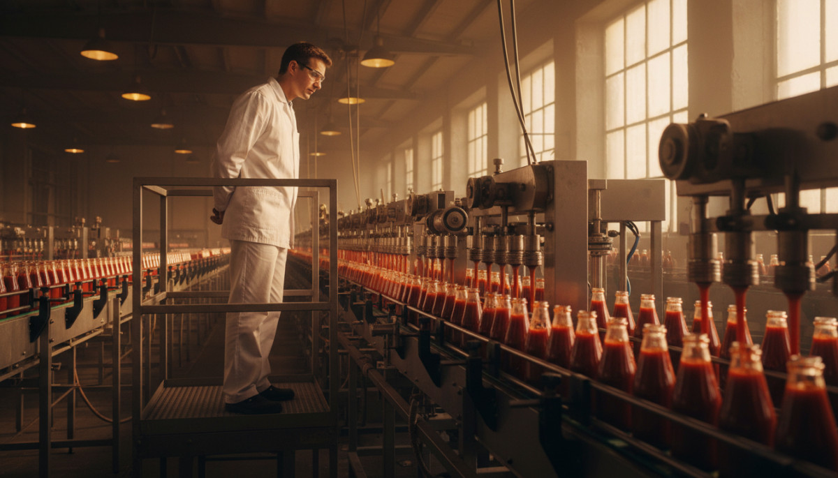 Chaîne de production de bouteilles de ketchup en usine