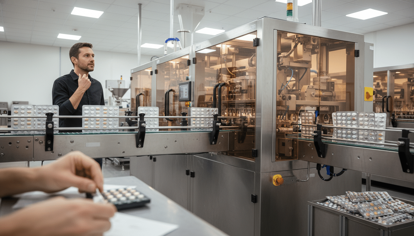 Chaîne de production industrielle de médicaments en usine.