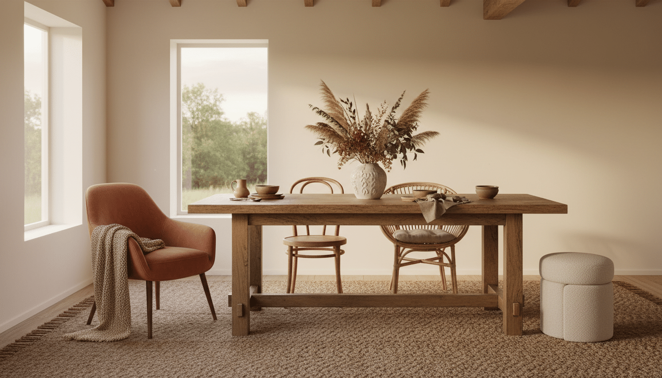 Salle à manger avec chaises dépareillées autour d'une table en chêne