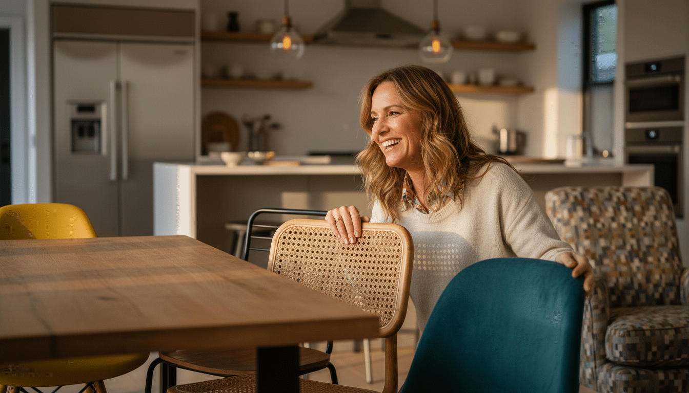 Femme arrangeant des chaises de styles différents autour d'une table